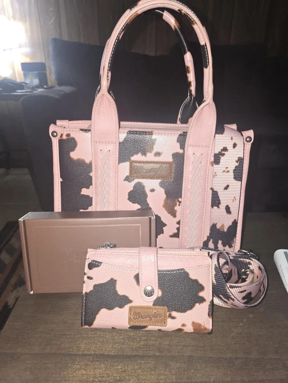 Wrangler Pink and Black Animal-Print Satchel with Matching Wallet Set